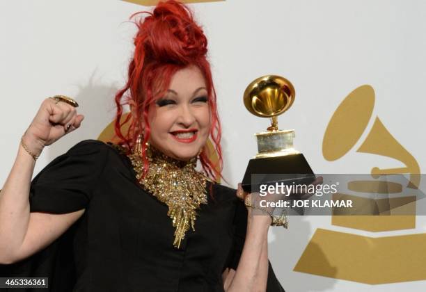 Cyndi Lauper, winner of Best Musical Theater Album for "Kinky Boots", poses in the press room during the 56th Grammy Awards at the Staples Center in...