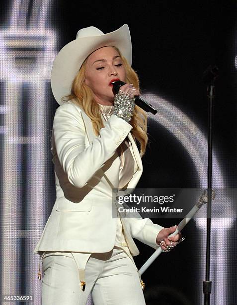 Singer Madonna performs onstage during the 56th GRAMMY Awards at Staples Center on January 26, 2014 in Los Angeles, California.