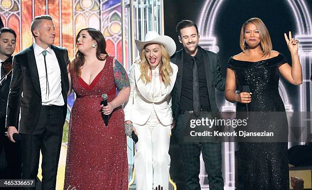 Rapper Macklemore, singers Mary Lambert and Madonna, musician Ryan Lewis and Queen Latifah perform onstage during the 56th GRAMMY Awards at Staples...