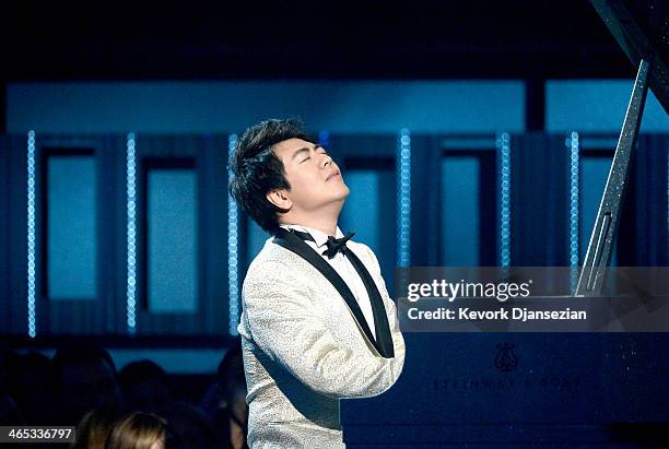 Musician Lang Lang performs onstage during the 56th GRAMMY Awards at Staples Center on January 26, 2014 in Los Angeles, California.