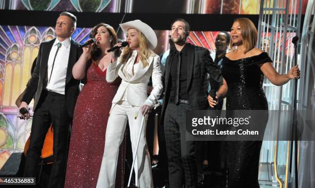 Recording artists Macklemore, Mary Lambert, Madonna, Ryan Lewis and actress/singer Queen Latifah perform onstage during the 56th GRAMMY Awards at...