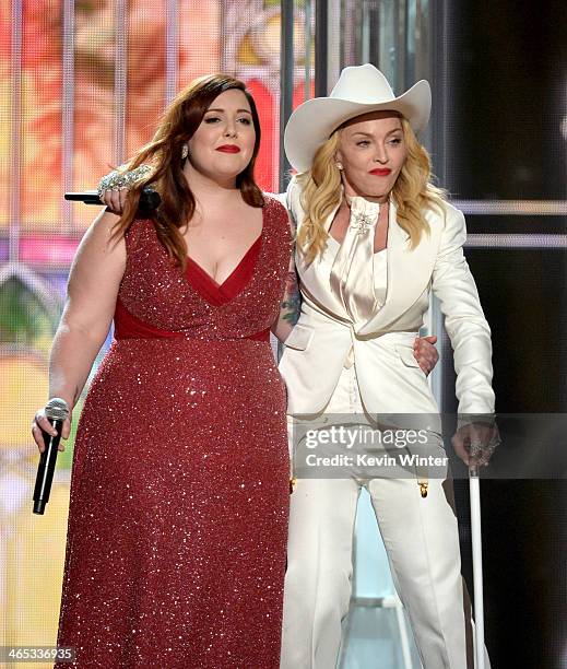 Singers Mary Lambert and Madonna perform onstage during the 56th GRAMMY Awards at Staples Center on January 26, 2014 in Los Angeles, California.