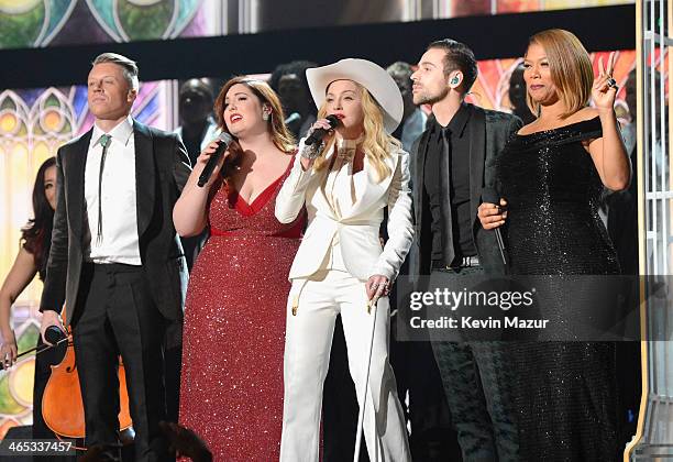 Macklemore, Mary Lambert, Madonna, Ryan Lewis and Queen Latifa onstage during the 56th GRAMMY Awards at Staples Center on January 26, 2014 in Los...