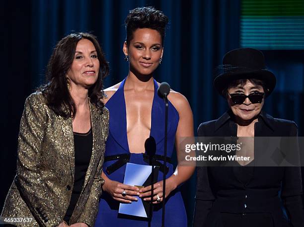 Olivia Harrison, singer Alicia Keys and musician Yoko Ono speak onstage during the 56th GRAMMY Awards at Staples Center on January 26, 2014 in Los...