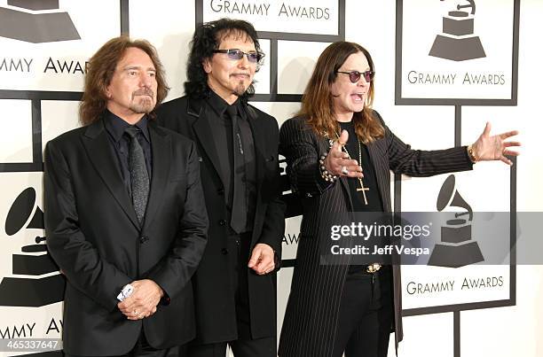 Musicians Geezer Butler, Tony Iommi and Ozzy Osbourne of Black Sabbath attend the 56th GRAMMY Awards at Staples Center on January 26, 2014 in Los...