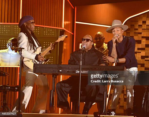 Daft Punk's Guy-Manuel de Homem-Christo, musician Nile Rodgers, and recording artists Pharrell Williams and Stevie Wonder perform onstage during the...