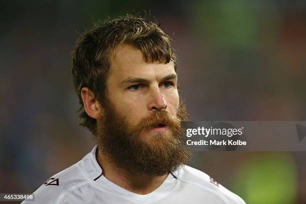 David Williams of the Sea Eagles looks on during warm-up ahead of the round one NRL match between the Parramatta Eels and the Manly Sea Eagles at...