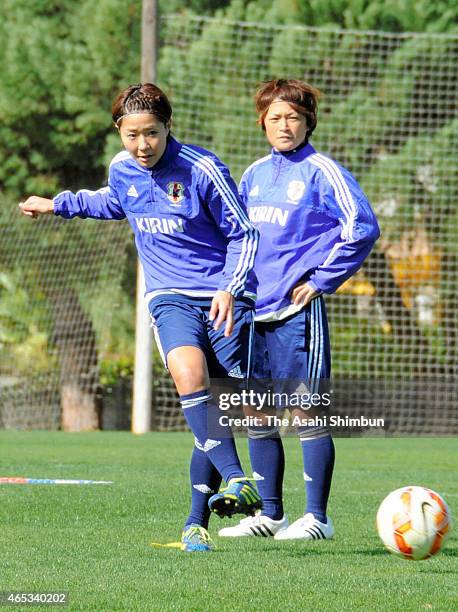 Asano Nagasato of Japan in action during a training session ahead of the Algarve Cup match against Portugal on March 5, 2015 in Quarteira, Portugal.