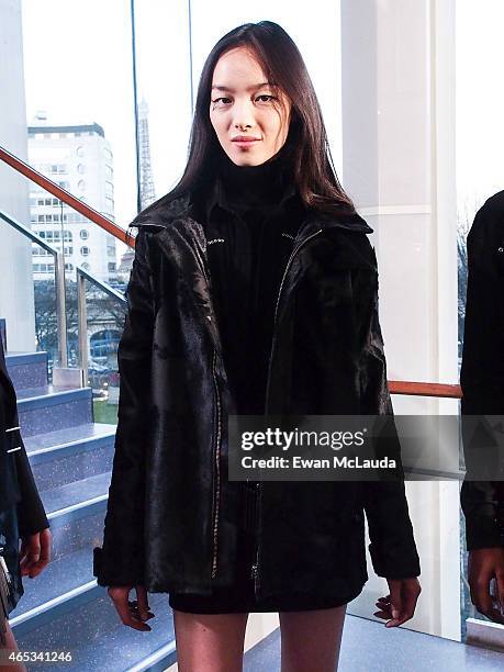 Model poses prior the Anthony Vaccarello show as part of the Paris Fashion Week Womenswear Fall/Winter 2015/2016 on March 3, 2015 in Paris, France.