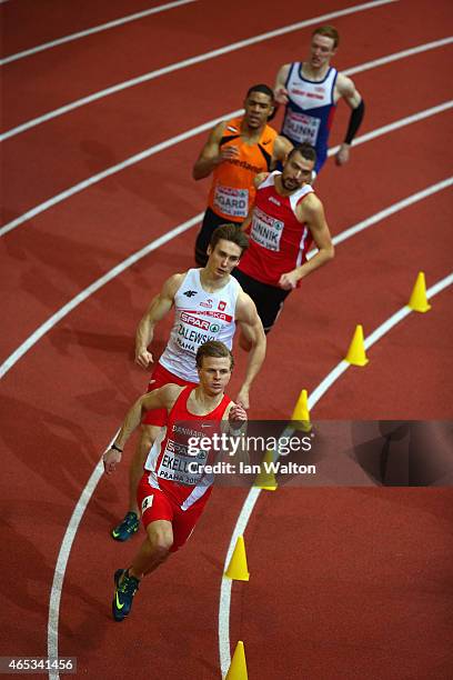 Nick Ekelund-Arenander of Denmark competes in the Men's 400 metres rounds during day one of the 2015 European Athletics Indoor Championships at O2...