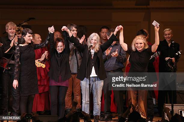 Jesse Paris Smith, Laurie Anderson, Patti Smith, Debbie Harry and Miley Cyrus perform on stage at the Tibet House Benefit Concert 2015 at Carnegie...