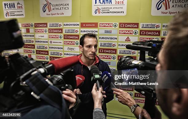 Valentin Lavillenie of France talks to media after the Mens Pole Vault during day one of the 2015 European Athletics Indoor Championships at O2 Arena...