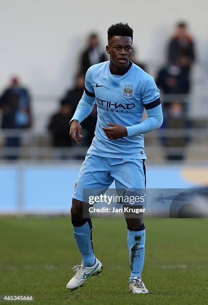 Ashley Smith-Brown of Manchester City FC during the UEFA Youth League Round of 16 match between Manchester City FC and FC Schalke 04 at City Football...