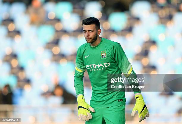 Angus Gunn, Goalkeeper of Manchester City FC during the UEFA Youth League Round of 16 match between Manchester City FC and FC Schalke 04 at City...