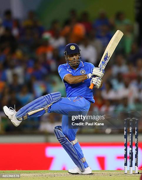 Dhoni of India bats during the 2015 ICC Cricket World Cup match between India and the West Indies at WACA on March 6, 2015 in Perth, Australia.
