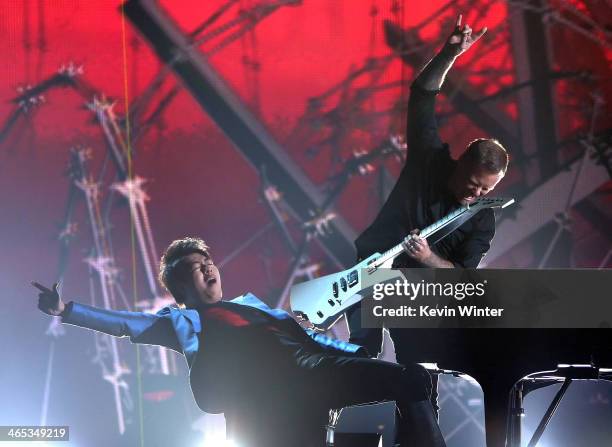 Musicians Lang Lang and James Hetfield perform onstage during the 56th GRAMMY Awards at Staples Center on January 26, 2014 in Los Angeles, California.