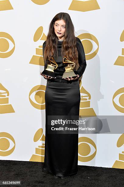 Singer Lorde, winner of the Song of the Year Award for "Royals", and the Best Pop Solo Performance Award for "Royals", poses in the press room during...