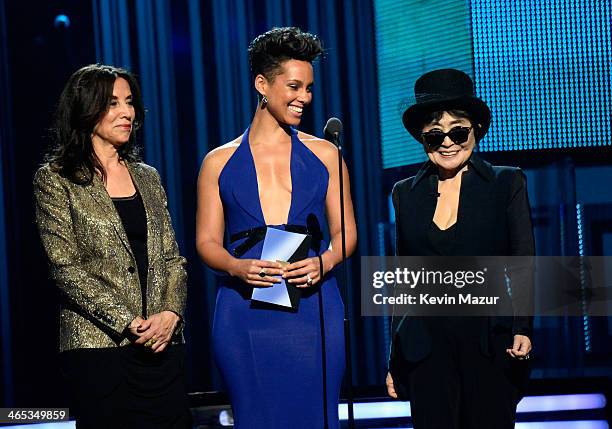 Olivia Harrison, singer Alicia Keys and musician Yoko Ono onstage during the 56th GRAMMY Awards at Staples Center on January 26, 2014 in Los Angeles,...