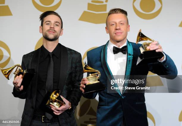 Ryan Lewis and Macklemore pose in the press room during th 56th GRAMMY Awards at Staples Center on January 26, 2014 in Los Angeles, California.