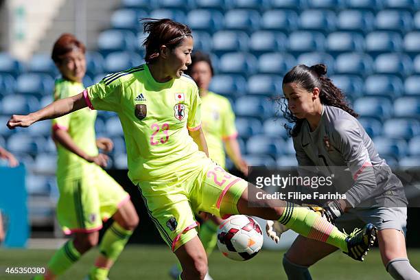 Asano Nagasato of Japan challenges Neide Simoes of Portugal during the Women's Algarve Cup match between Japan and Portugal on March 6, 2015 in Faro,...