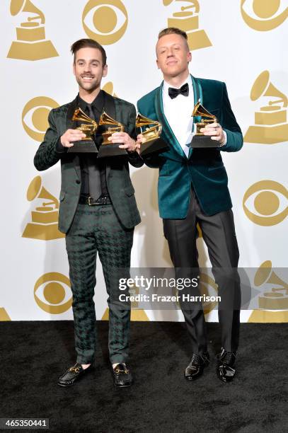 Recording artists Ryan Lewis and Macklemore pose in the press room during the 56th GRAMMY Awards at Staples Center on January 26, 2014 in Los...