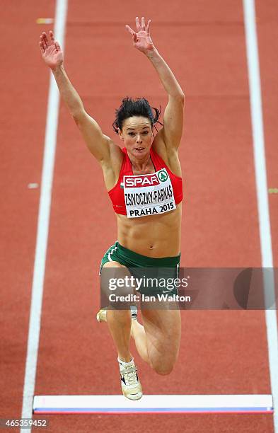 Gyorgyi Zsivoczky-Farkas of Hungary competes Long Jump in the Women's Pentathlon Shot Put during day one of the 2015 European Athletics Indoor...