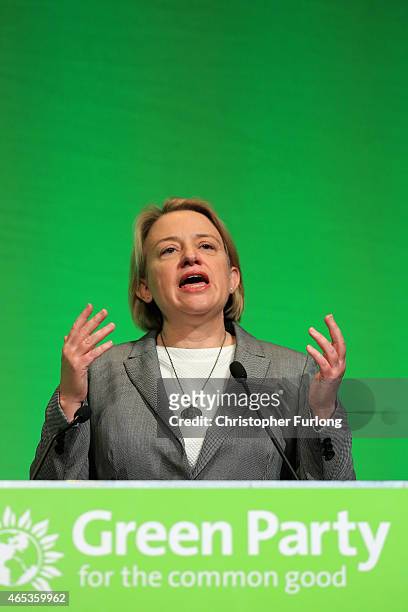 Britain's Green Party leader Natalie Bennett delivers her keynote speech at the party's spring conference at the Arena Convention Centre on March 6,...