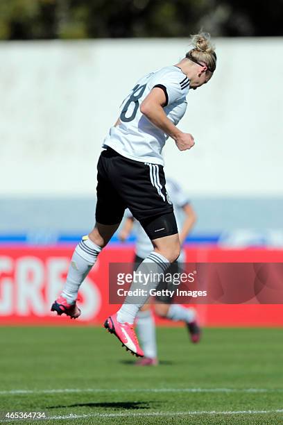 Alexandra Popp of Germany celebrating her goal for the Germany during the Women's Algarve Cup match between Germany and China on March 6, 2015 in...