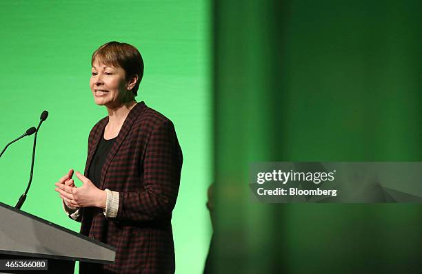 Caroline Lucas, member of parliament for the Green Party, speaks as she addresses delegates during the party's spring conference in Liverpool, U.K.,...
