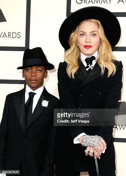 Singer Madonna and son David Banda Mwale Ciccone Ritchie attend the 56th GRAMMY Awards at Staples Center on January 26, 2014 in Los Angeles,...