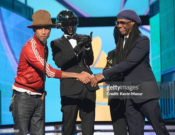 Recording artist Pharrell Williams, Daft Punk's Thomas Bangalter and Guy-Manuel de Homem-Christo and musician Nile Rodgers accept award onstage...