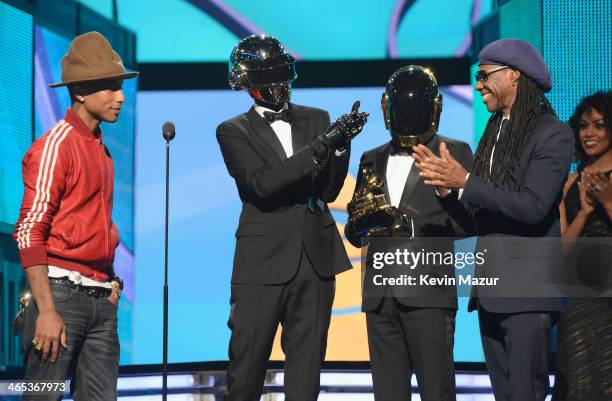 Recording artist Pharrell Williams, Daft Punk's Thomas Bangalter and Guy-Manuel de Homem-Christo and musician Nile Rodgers accept award onstage...