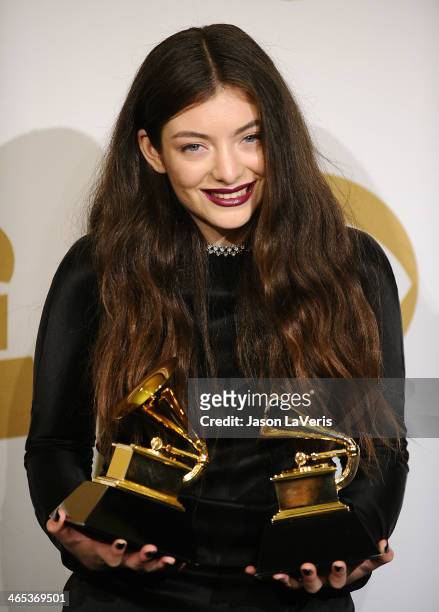 Singer Lorde poses in the press room at the 56th GRAMMY Awards at Staples Center on January 26, 2014 in Los Angeles, California.