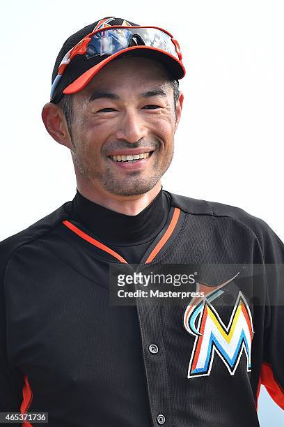 Ichiro Suzuki of the Miami Marlins smiles prior to the spring training game against the St. Louis Cardinals at Roger Dean Stadium on March 5, 2015 in...
