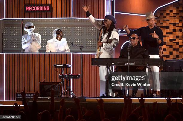 Musicians Daft Punk; Nile Rodgers, Stevie Wonder and Pharrell Williams perform onstage during the 56th GRAMMY Awards at Staples Center on January 26,...