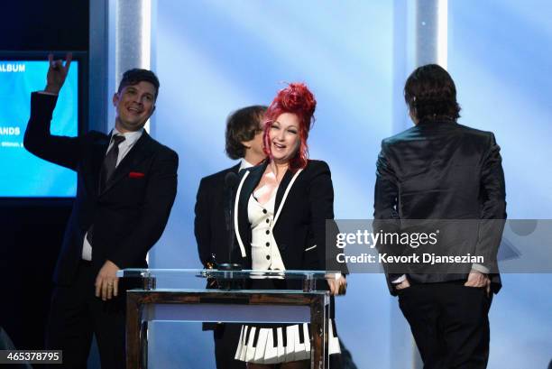 Singer/songwriter Cyndi Lauper accepts the Best Musical Theater Album award for 'Kinky Boots' onstage during the 56th GRAMMY Awards Pre-Telecast Show...