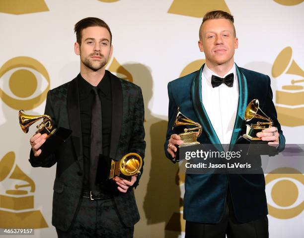 Macklemore & Ryan Lewis pose in the press room at the 56th GRAMMY Awards at Staples Center on January 26, 2014 in Los Angeles, California.