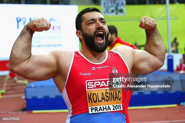 Asmir Kolasinac of Serbia celebrates in the Men's Shot Put Final during day one of the 2015 European Athletics Indoor Championships at O2 Arena on...