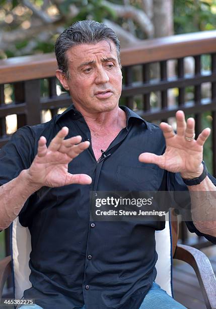 Sylvester Stallone is interviewed before attending a private dinner to celebrate the 9th Annual Acapulco Film Festival on January 25, 2014 in...