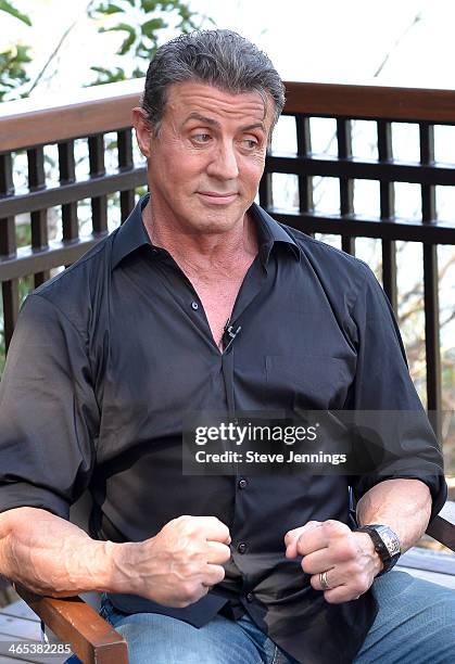 Sylvester Stallone is interviewed before attending a private dinner to celebrate the 9th Annual Acapulco Film Festival on January 25, 2014 in...