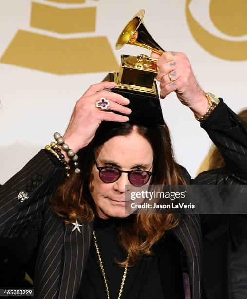 Ozzy Osbourne of Black Sabbath poses in the press room at the 56th GRAMMY Awards at Staples Center on January 26, 2014 in Los Angeles, California.