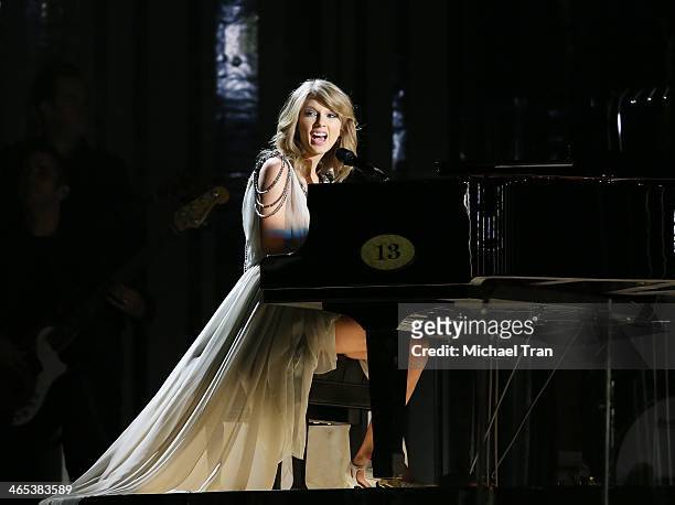 Taylor Swift performs onstage during the 56th GRAMMY Awards held at Staples Center on January 26, 2014 in Los Angeles, California.
