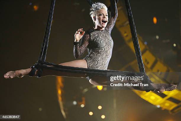 Pink performs onstage during the 56th GRAMMY Awards held at Staples Center on January 26, 2014 in Los Angeles, California.