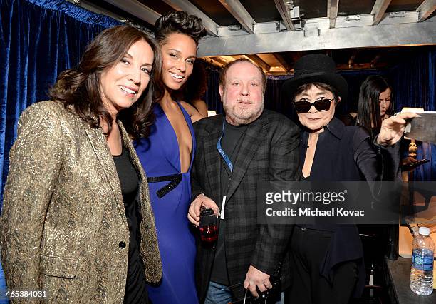 Olivia Harrison, singer Alicia Keys, Grammy Executive Producer Ken Ehrlich and Yoko Ono attend the 56th GRAMMY Awards at Staples Center on January...