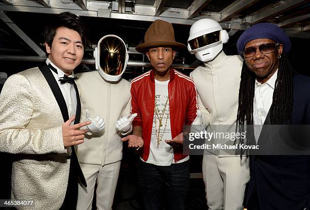 Musicians Lang Lang, Guy-Manuel de Homem-Christo, Pharrell Williams, Thomas Bangalter, and Nile Rodgers attend the 56th GRAMMY Awards at Staples...