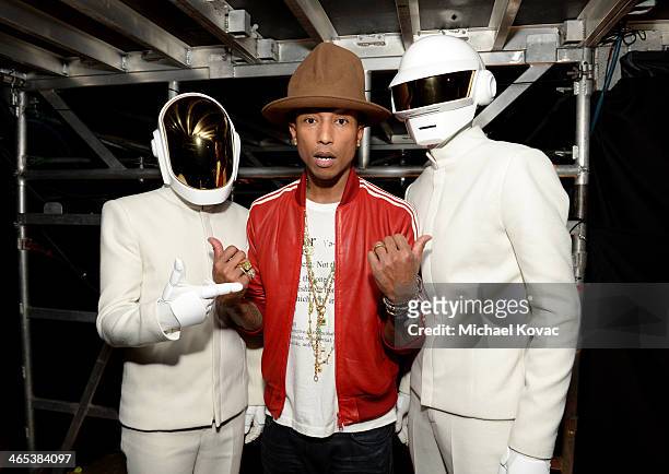 Recording artist Pharrell Williams and Daft Punk attend the 56th GRAMMY Awards at Staples Center on January 26, 2014 in Los Angeles, California.