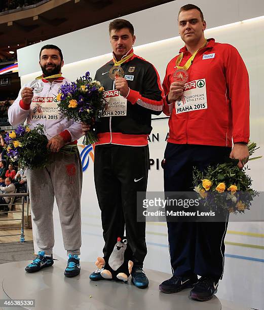 David Storl of Germany pictured with his gold medal, Asmir Kolasinac of Serbia pictured with his silver medal and Ladislav Prasil of Czech Republic...
