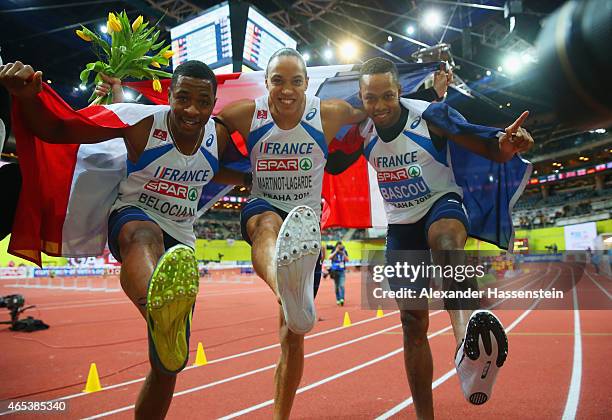 Bronze medalist Wilhern Belocian of France, gold medalist Pascal Martinot-Lagarde of France and silver medalist Dimitri Bascou of France pose after...