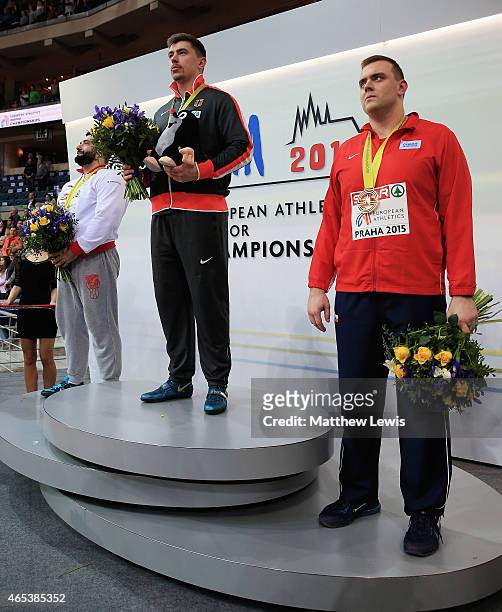 David Storl of Germany pictured with his gold medal, Asmir Kolasinac of Serbia pictured with his silver medal and Ladislav Prasil of Czech Republic...