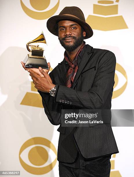 Gary Clark, Jr. Poses in the press room at the 56th GRAMMY Awards at Staples Center on January 26, 2014 in Los Angeles, California.